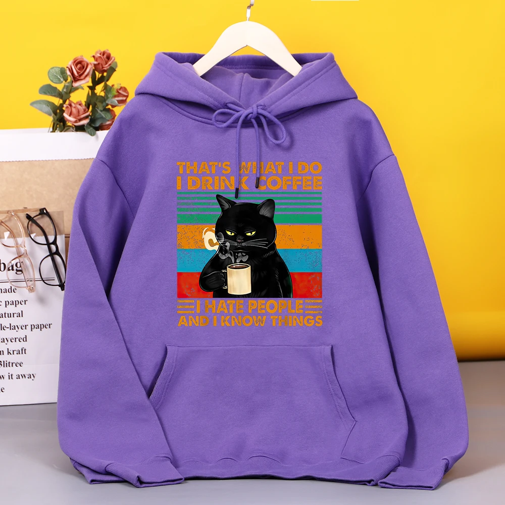 

That'S What I Do I Drink Coffee Black Cat Print Female Hoodie High Quality hoodies vintage Casual Clothes Autumn Loose Hooded