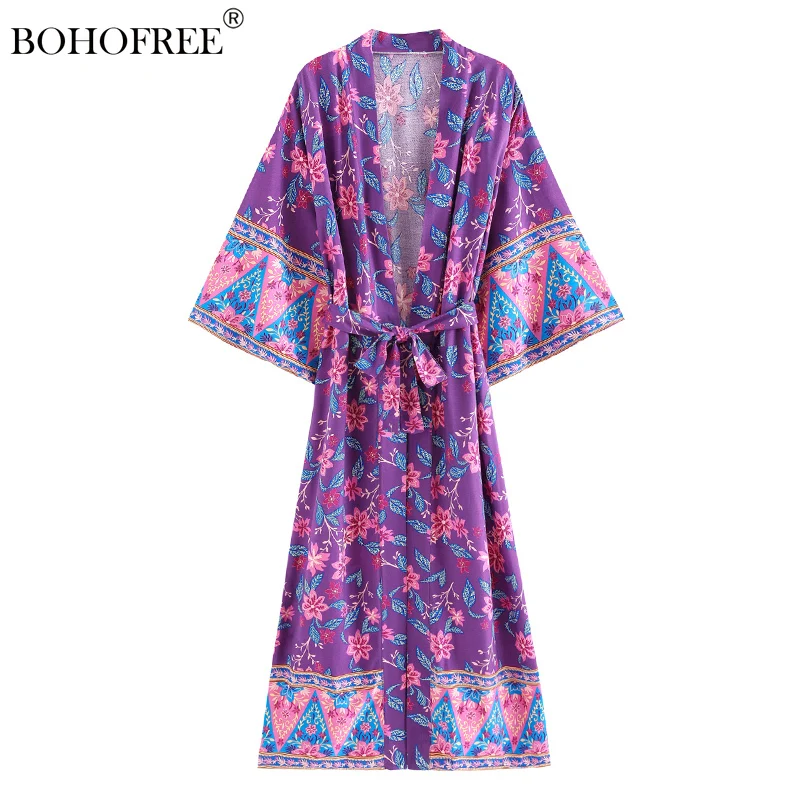 

Boho Vintage Floral Print Long Duster Bohemian Chic Rayon Cotton Batwing Sleeve Maxi Hippie Vestidos Women's Kimono Jacket Dress