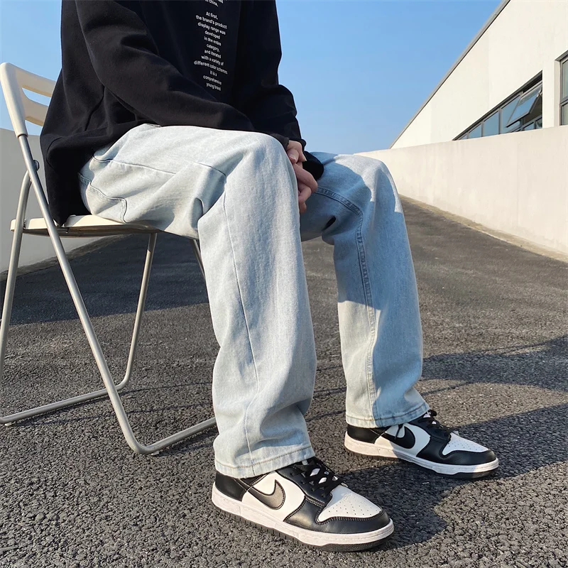 Summer Blue Jeans Men Slim Fit Fashion Casual Straight Jeans Men Streetwear Hip Hop Wide Leg Denim Pants Mens Trousers M-2XL