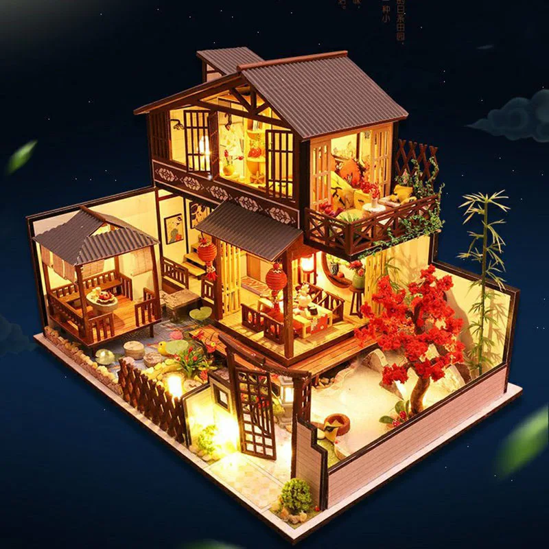 

DIY Wooden Dollhouse Chinese Courtyard Model Doll Houses Miniature with Furniture Building Kit Toys for Children Gift Casa