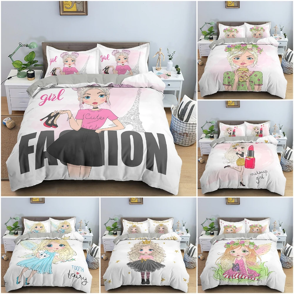 

Cartoon Girl Pattern Bedding Set Duvet Cover King Size With Zipper Closure Luxury Bed Set Comfortable Quilt Cover