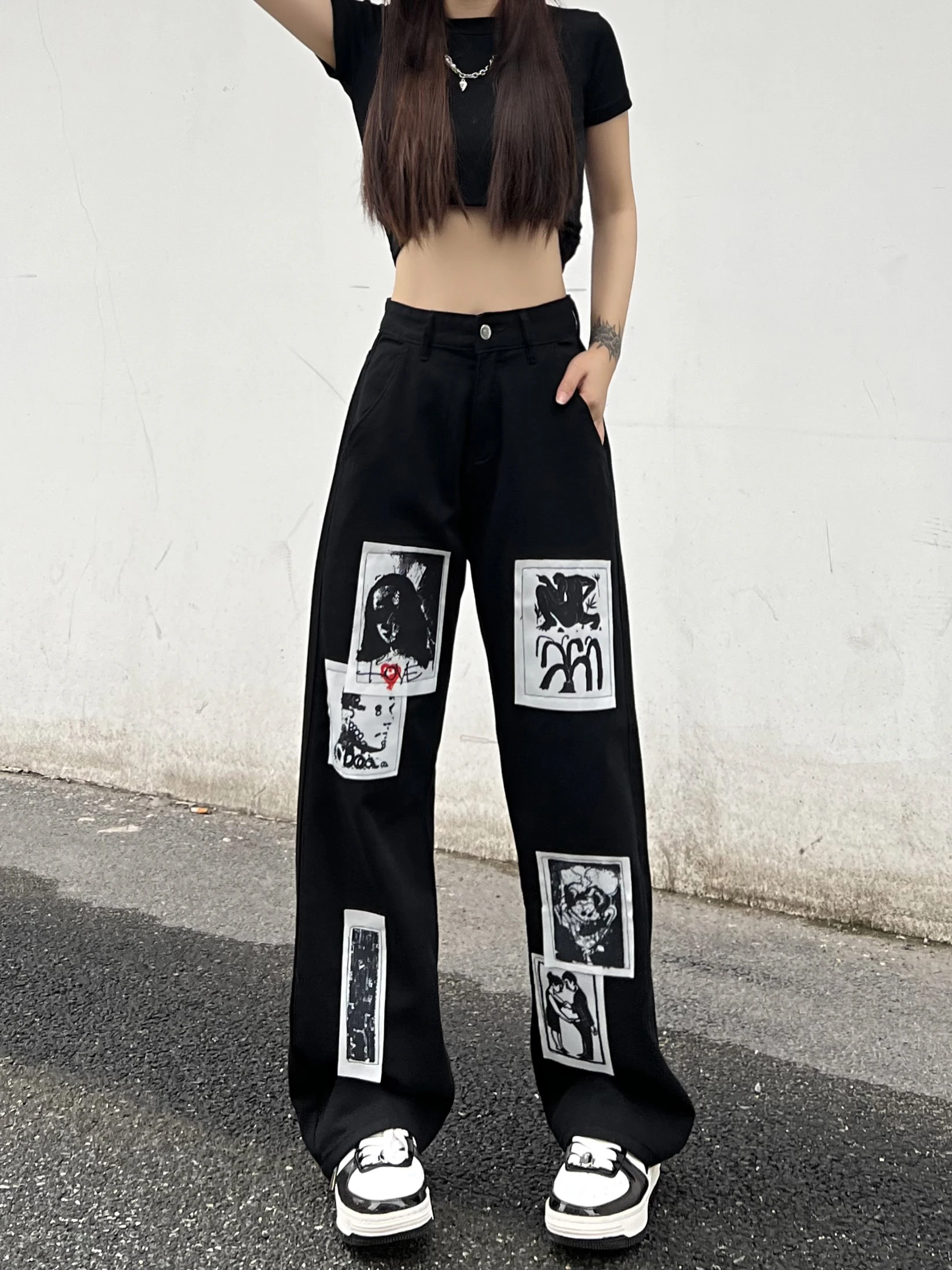 Graffiti American Style Print Women's Black Jeans Denim Pant trousers hip hop hippie clothes 2023 harajuku streetwear y2k summer