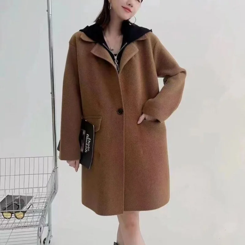 Double sided coat women winter medium length 2022 Korean fake two piece color contrast long sleeve casual hooded cardigan coat