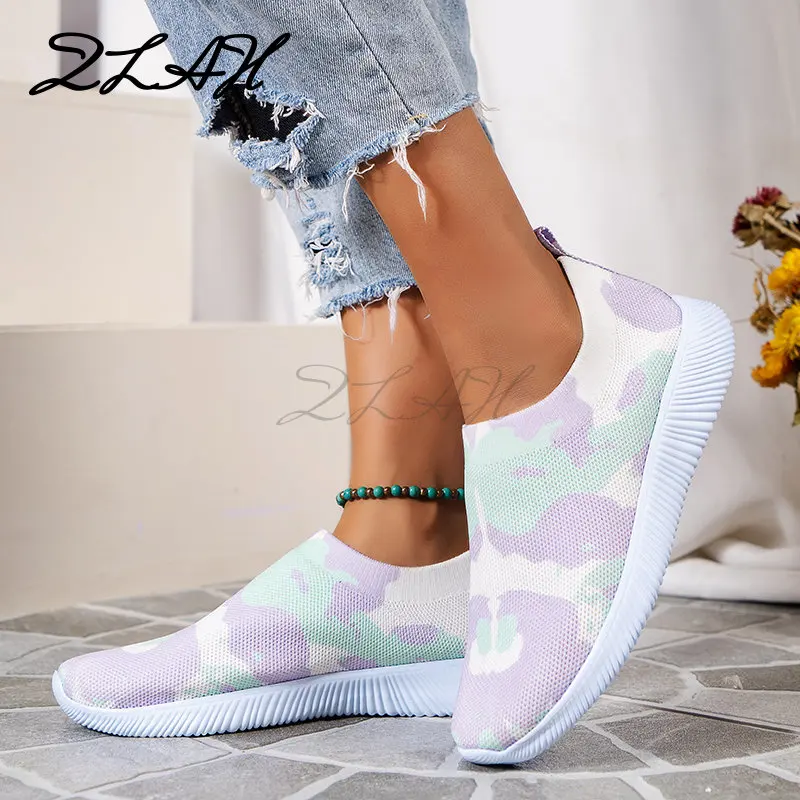 Women Shoes Vulcanized Zapatillas Mujer Knitted Sneakers Women New Flat Shoes Mix Color Vulcanize Shoes Casual Chaussure Femme