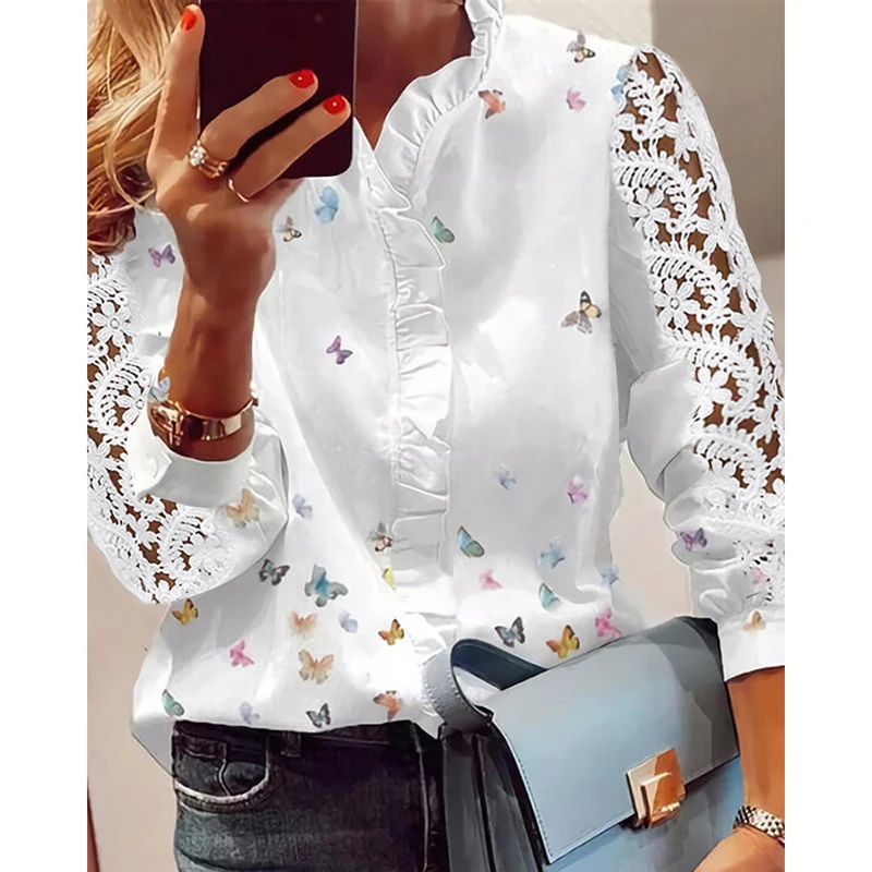 Women Butterfly Print Blouses Top 2022 Spring New Fashion Casual Elegant White Ruffled Trim Long Lace Sleeve Woman Shirt