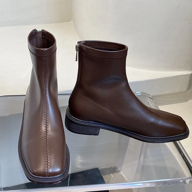 

Женские эластичные ботинки до щиколотки, Повседневная модная женская обувь с квадратным носком, короткие современные ботинки в британском ...