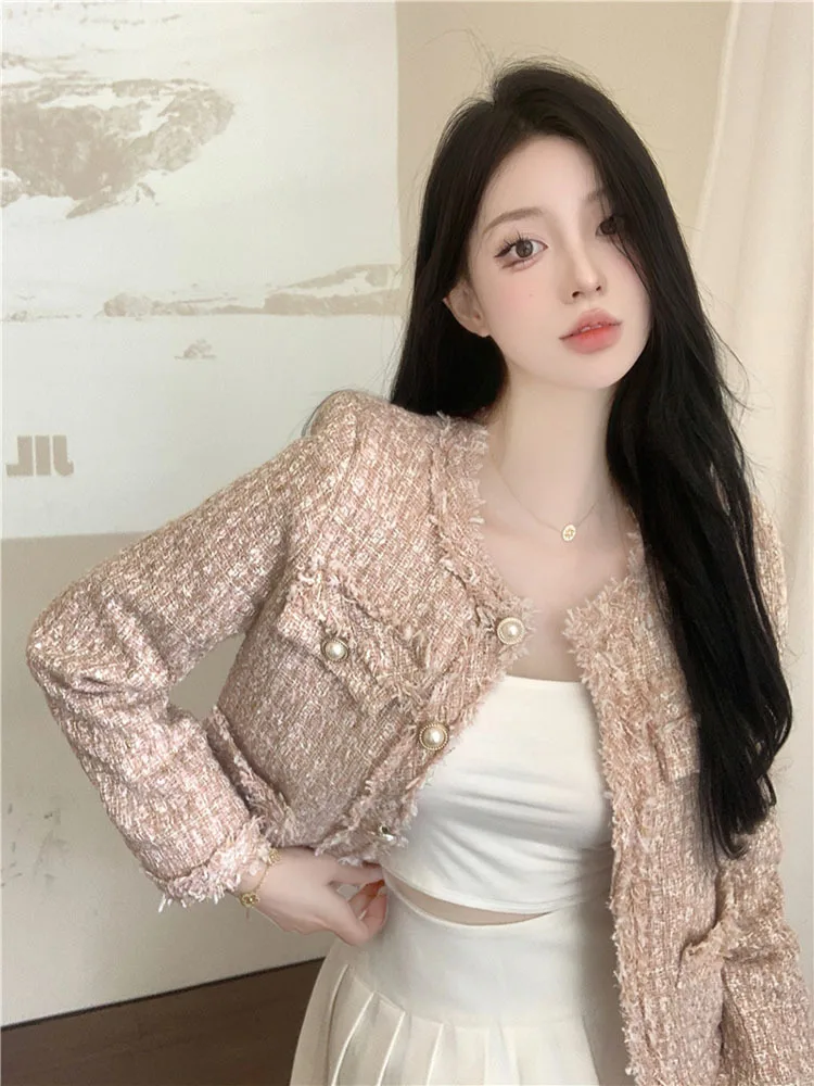 

New Fashion Korean Chic Vintage Tweed Jacket Coat Women Spring Autumn Single Breasted Plaid Tassel Office Lady Outwear