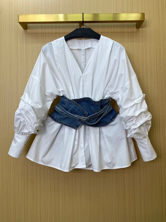 

2022 new women fashion V-neck denim corset puff sleeve girdle shirt long-sleeved all-match top 219