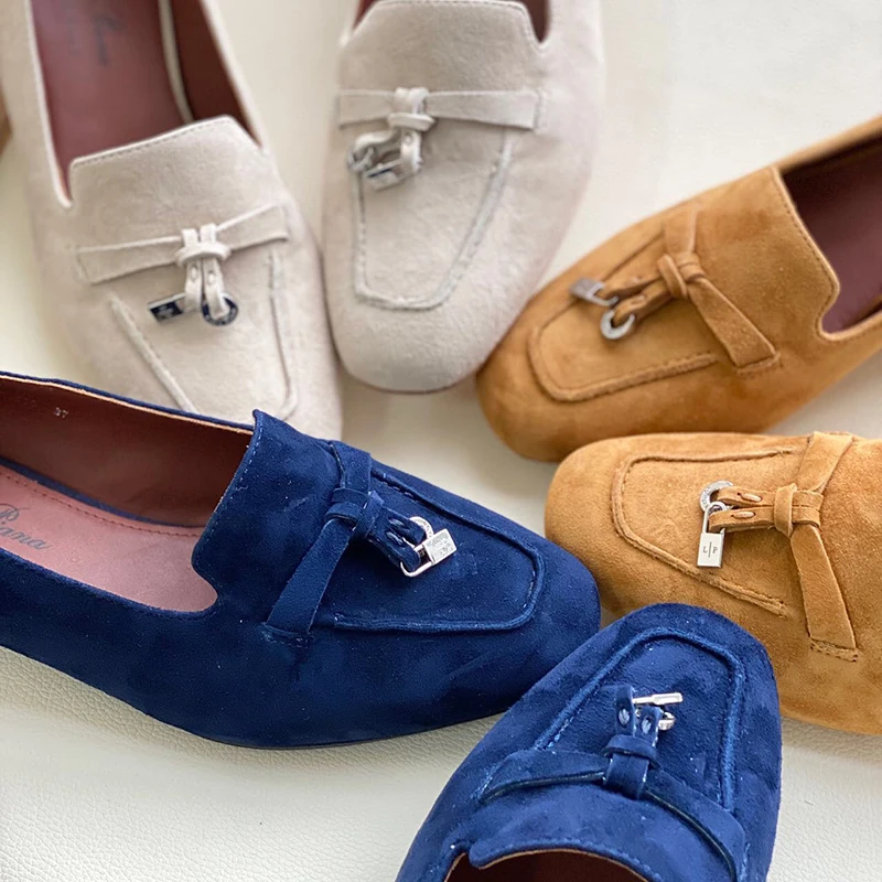 

Summer Women's Metal Lock Flat Shoes Toe Ladies Loafers Design Suede Leather Casual Dress Pumps Low Heel Sandals Women