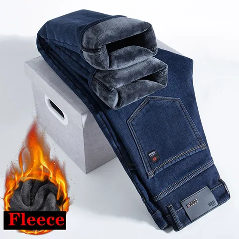Мужские флисовые джинсы высокого качества, деловые повседневные облегающие прямые джинсовые брюки, Осень-зима, новые теплые мужские брюки