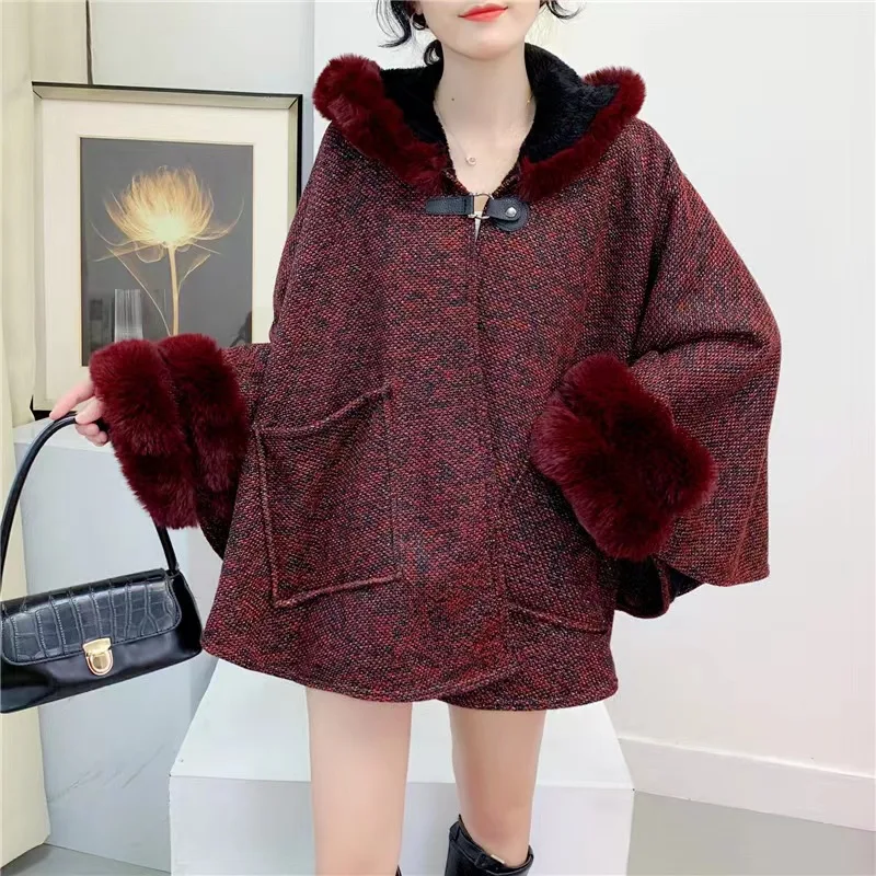 2023 Oversize Women Winter Batwing Sleeves Faux Rabbit Fur Cardigan Coat With Hat Thick Velvet Poncho Long Outstreet Wear Capes