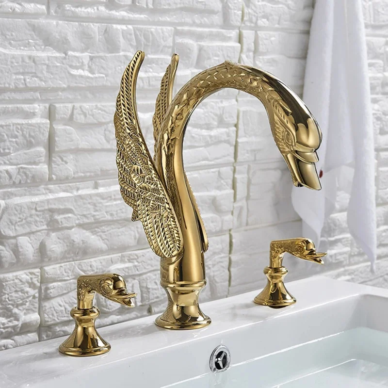 

Newly Luxury Gold 3Pcs Bathroom Sink Faucet Basin Mixer Tap Swan Style Vessel Faucet 2 Handles Bath Faucet Basin Taps Water Tap