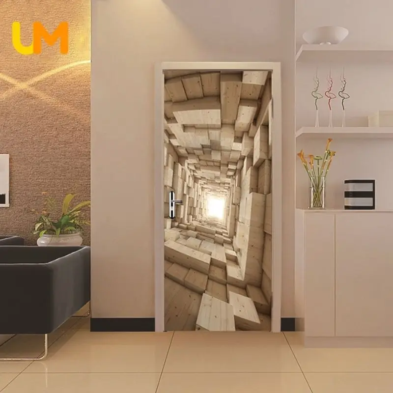 

Landscape Door Sticker Self-adhesive Elevator Door Wallpaper 3D Wallpaper For Door Geometric Wooden Door Poster Home Sticker