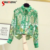hong kong style vintage floral silk shirt womens high end 2022 early spring new chiffon long sleeved top office lady blouses