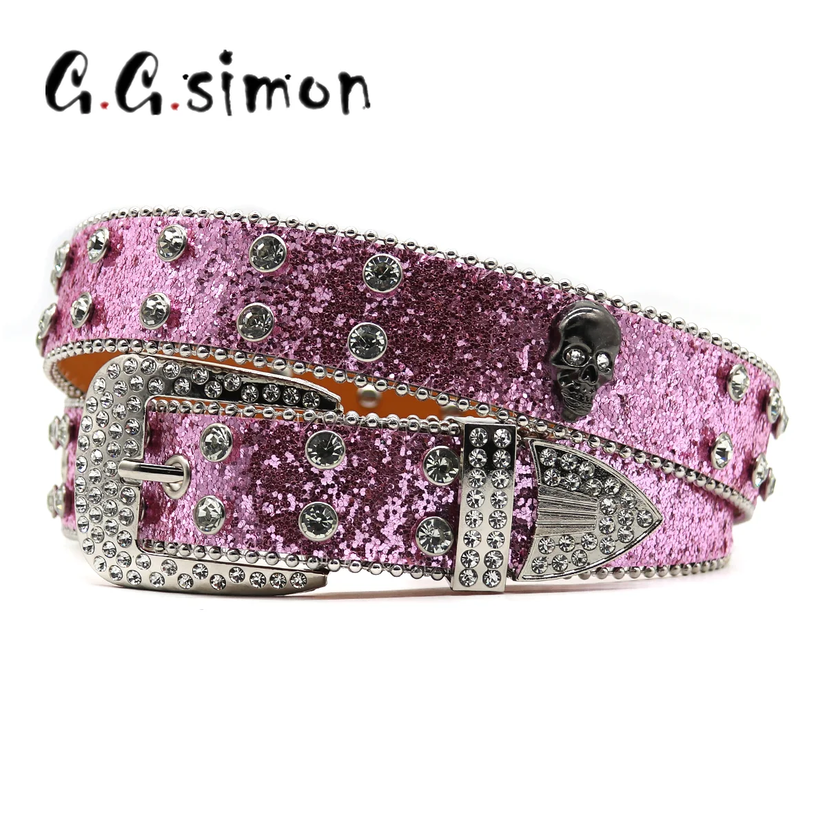 GGSIMON Rhinestone Belts Studded Skull Lether Y2K Belts for Women Luxury Designer Brand Strap For Jeans Suppliers Pink Black