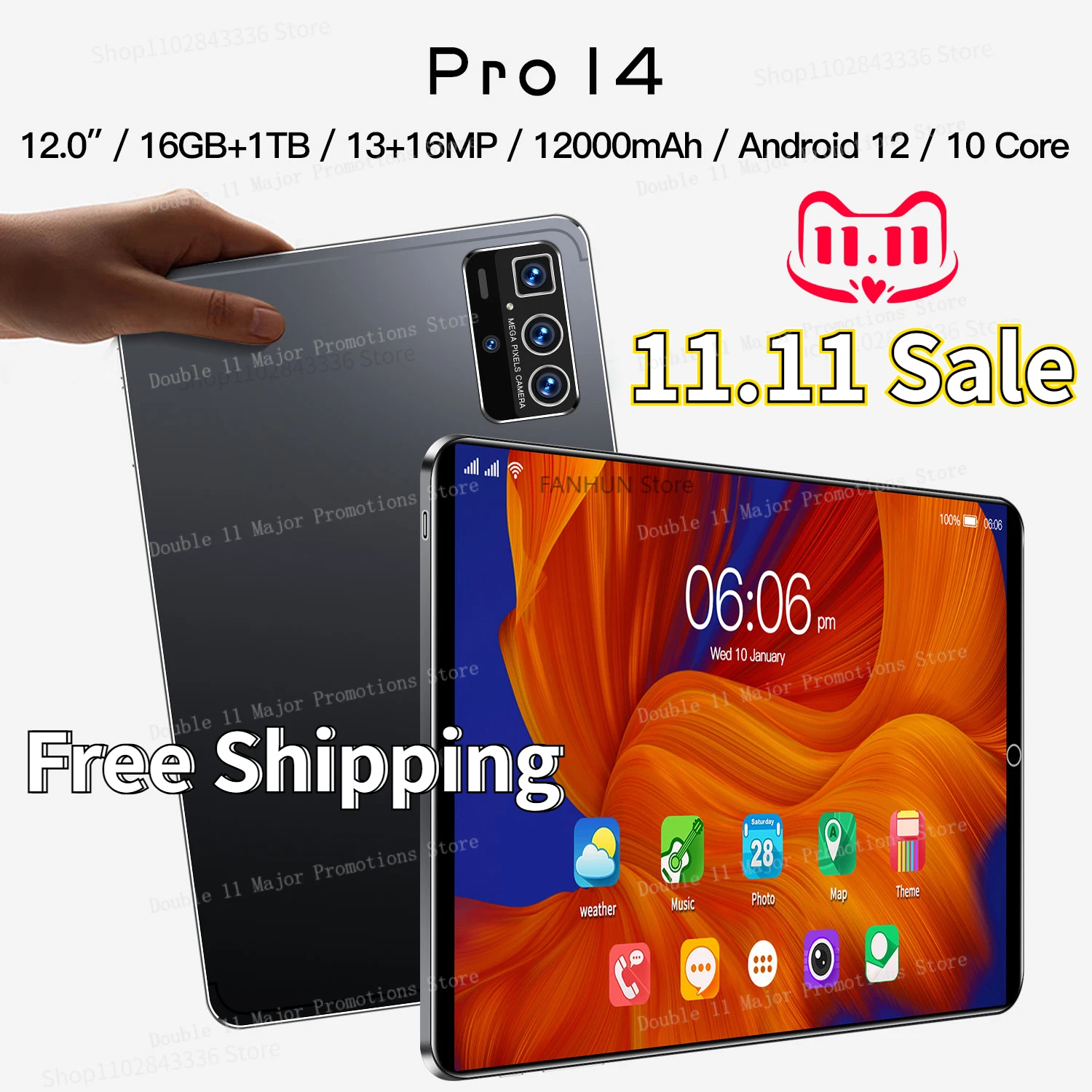 

Pro14 2023 New Original Global Version Tablet Android 12.0 13+16MP 12000m Ah 11.6 Inch Tablets PC 5G Dual SIM Card Or Wifi HD