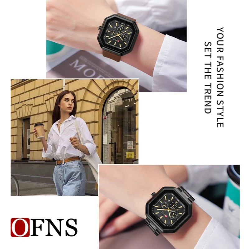 Фото Мужские кварцевые часы Ofns 1539, квадратные, модные, простые, с полным календарем, светящиеся, со стальным ремешком, для мужчин, Relógio Masculino №4