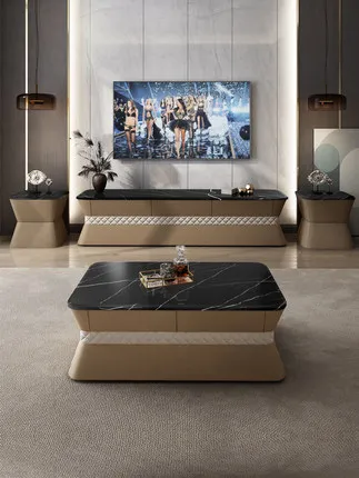 

Italian light luxury leather tea table marble TV cabinet combination living room postmodern Hong Kong tea table floor cabinet