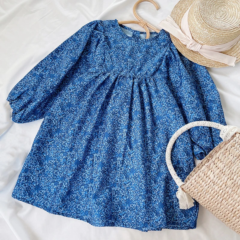 

2022 New Spring Blue Floral Puff Sleeve Princess Dress Long Sleeve Casual Dress Girl Clothes Kid Clothes Girl