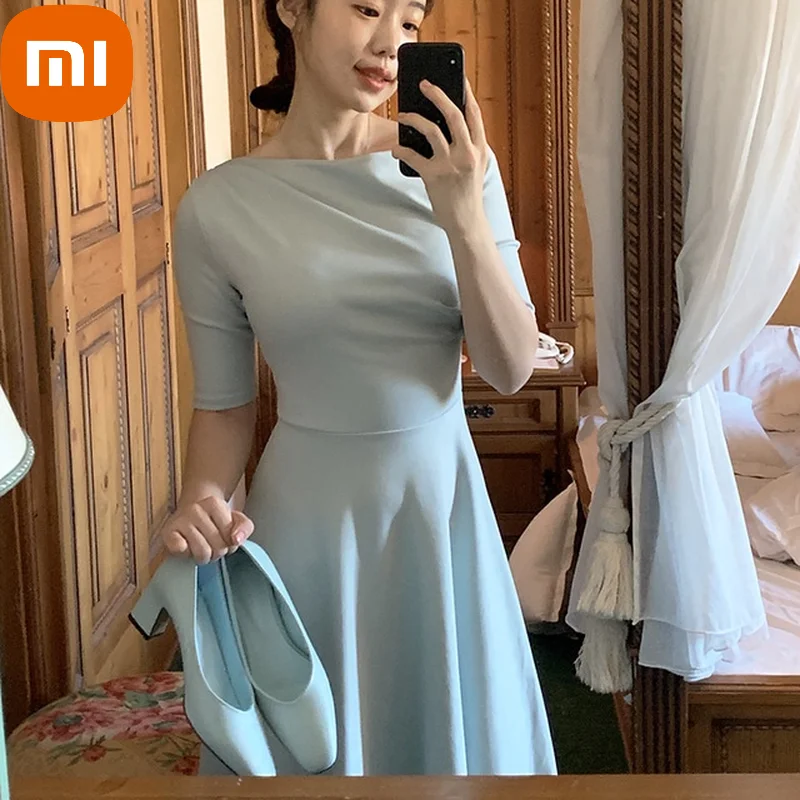 

XIAOMI Summer Elagant Dress Women French Designer Solid Office Midi Dress Female Casual Slim Fit High Waist Korean Dress Women