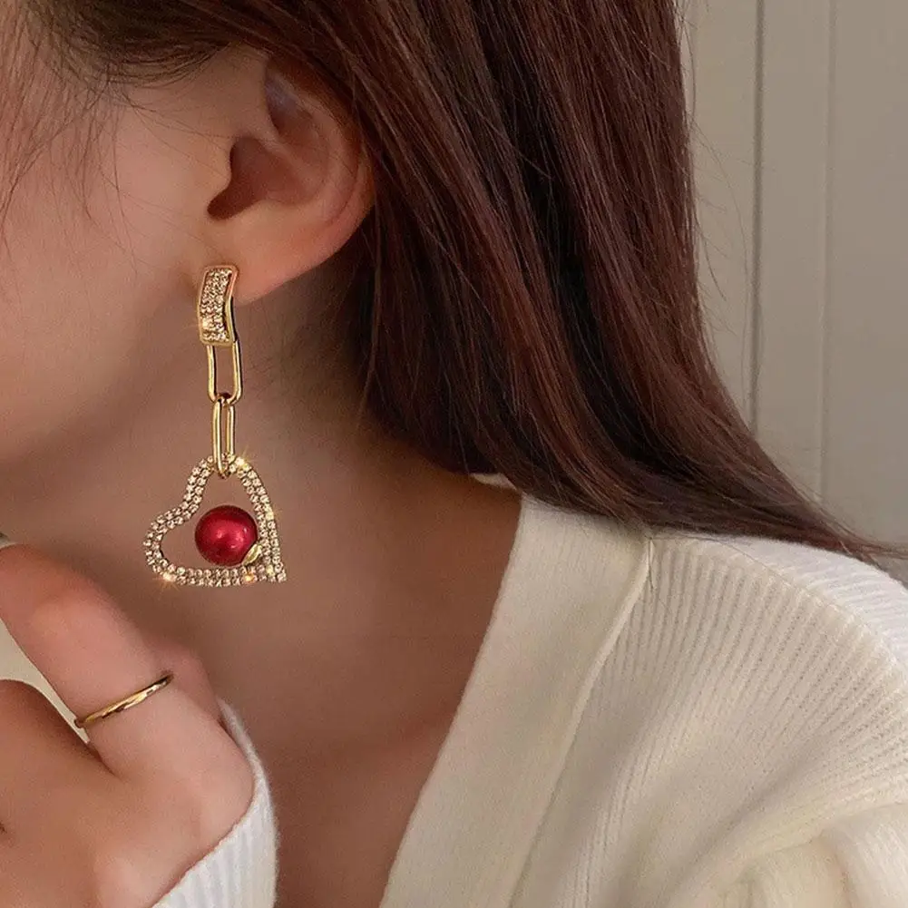 

2022 Korean Luxury Red Pearl Crystal Heart Long Drop Earrings For Women Girls Fashion Dangle Earrings Party Jewe Z4h0