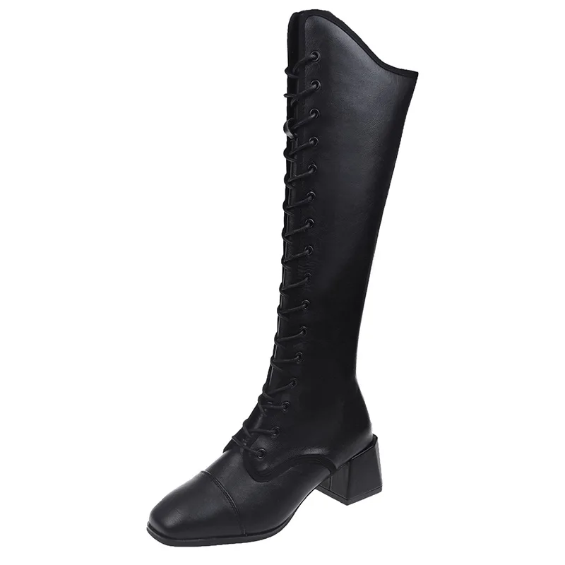 2021 Autumn and Winter New Net Red Boots Thick Heel Lace-up Boots Single Boots High Knight Boots Long Boots Thin Boots Women