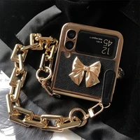 luxury gold thick chain with 3d bowknot phone cover for samsung galaxy z flip 3 5g goldplating frame shell operable window case