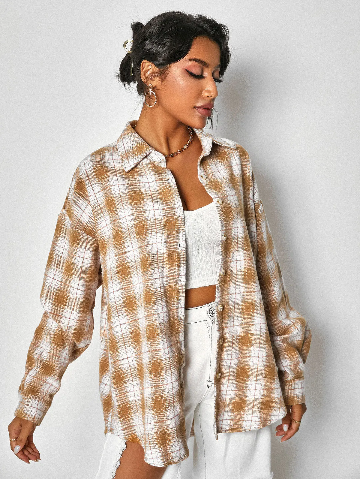

ZAFUL Plaid Button Up Shacket Women Casual Top Flannel Shirt Jacket Spring Autumn Oversized Turn Down Collar Loose Coat