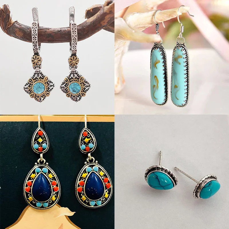 

Bohemian National Style Multi Style Turquoise Drop Shaped Women's Earrings Plated with Ancient Silver Metal Party Travel Jewelry