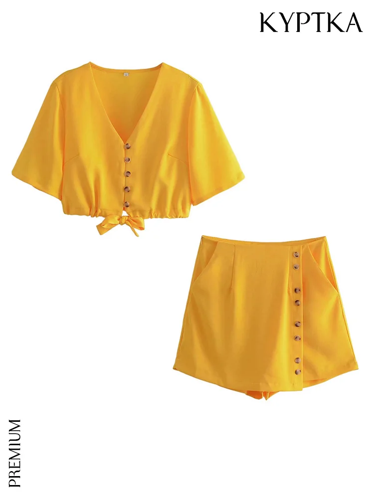 

Модные женские шорты KYPTKA с завязками на пуговицах, юбка с завышенной талией, женские комплекты из двух предметов для женщин
