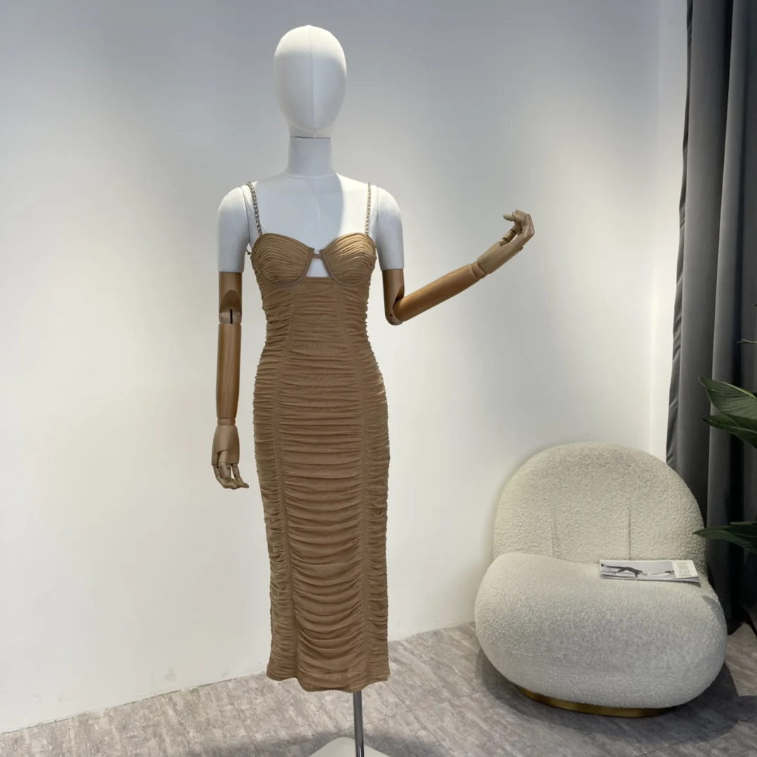 

Crystal Straps Midi Stretchable Tulle Slip Dress 2023 Summer Top Quality Solid Camel Sexy Bodycon Pleated Fashion Women Clothes