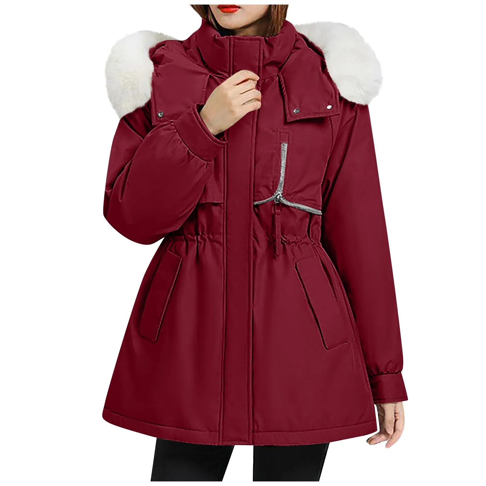 

Women'S Fashionable Casual Warm Cotton Solid Color Hooded Plush Mid-Length Long-Sleeved Zipper Button Parkas Ropa De Mujer