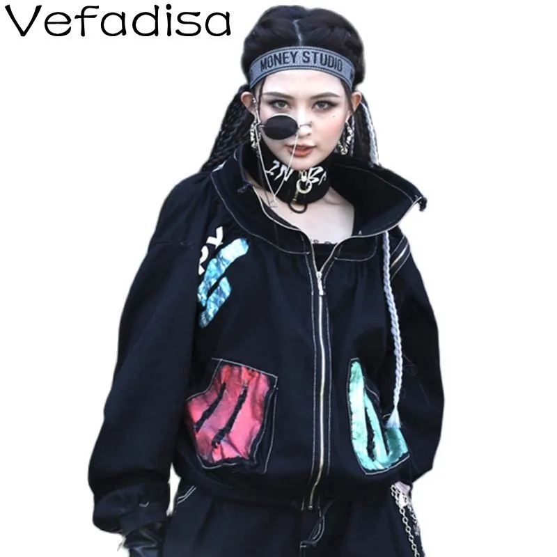 

Vefadisa Street Style Print Contrast Color Fashionable Denim Jacket Women's 2022 Spring New Handsome Lapel Denim Jacket TT1165