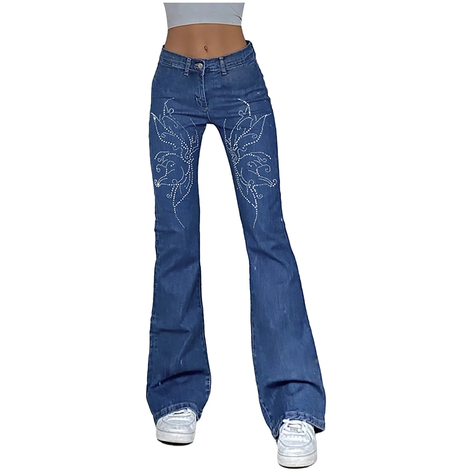 

Women's 2021 Classic Low-waisted Casual Trouse Ripped Matching Color Spliced Ankle Length Long Flare Jogging Jeans for trouser
