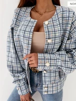 elegant o neck plaid short jackets women metal single breasted loose casual jackets spring autumn long sleeve thin chic outwears