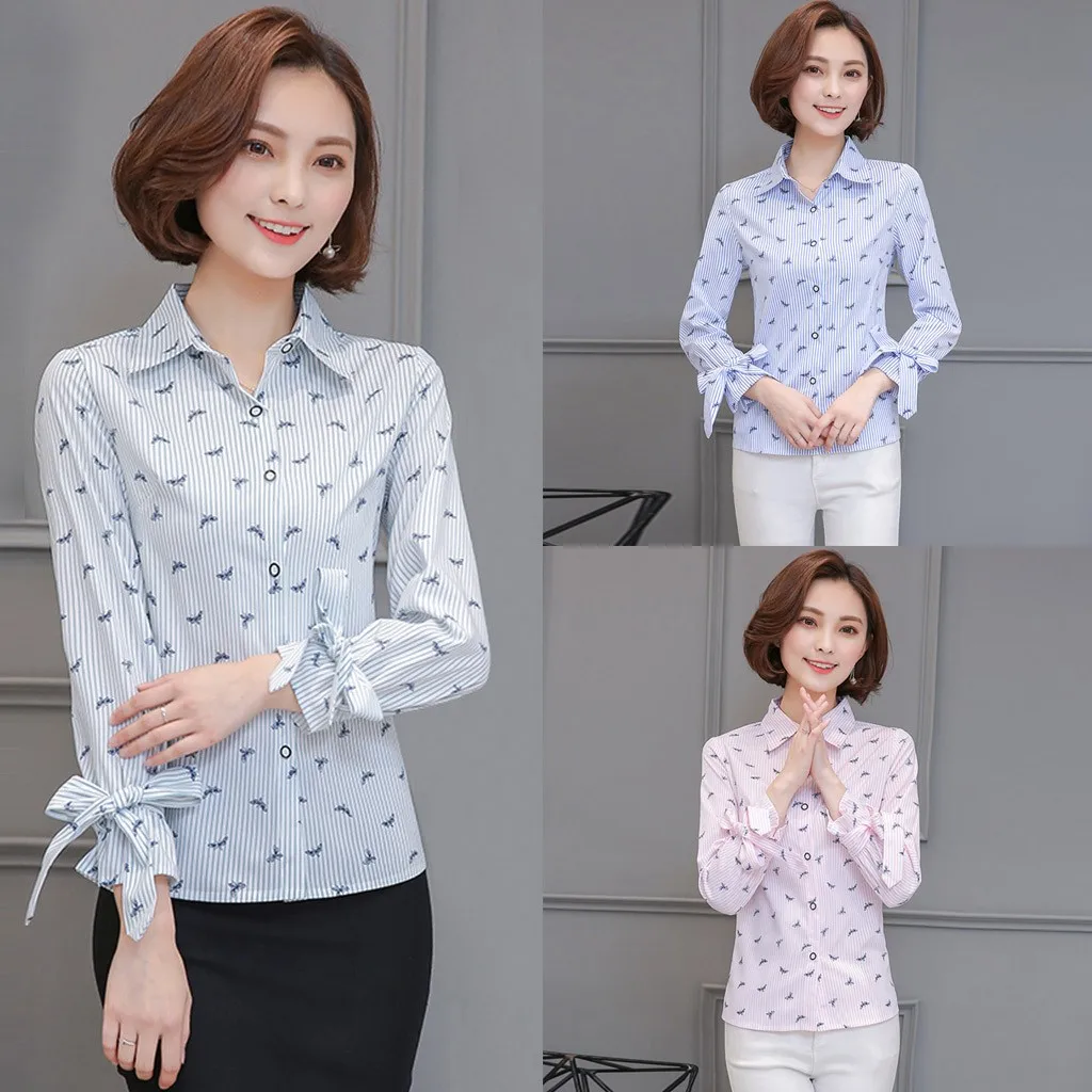

Women's Striped Printing Bow Tie Turndown Collar Long Sleeve Shirt Blouse