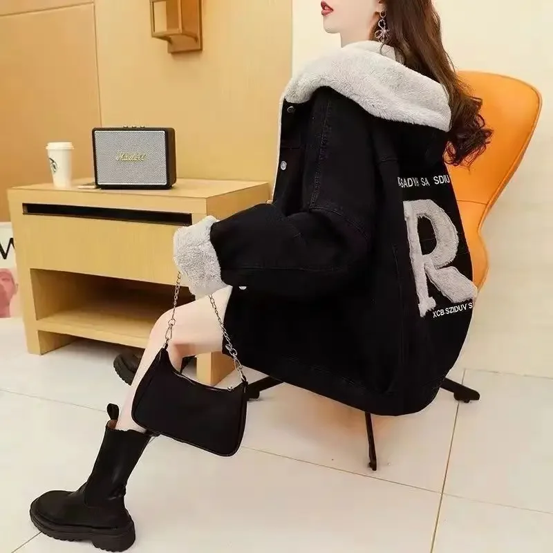 Осень-зима женская джинсовая куртка с капюшоном из чистого хлопка в стиле ретро