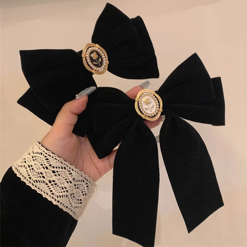 Элегантные черные бархатные заколки для волос с бантом девочек в стиле ретро из