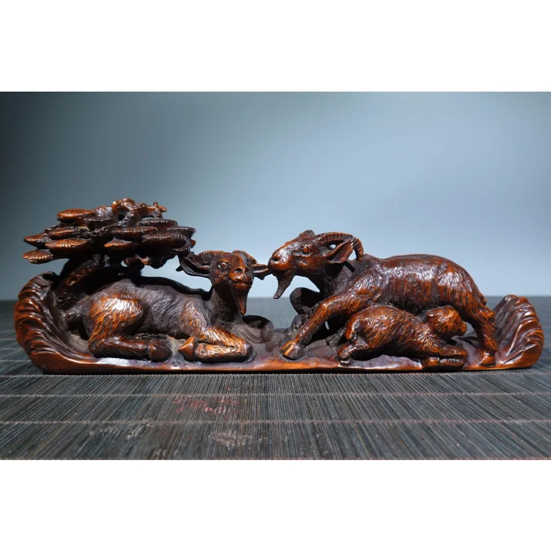 

8.7" Collection Chinese Box-wood Carving Animal Three Sheep Pine Tree Statue Craft Gift Decoration Home Decore