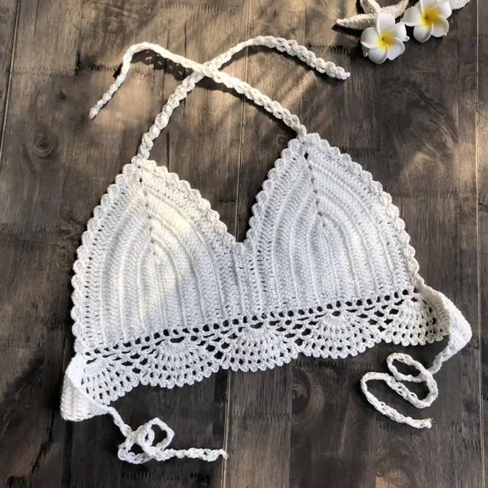 

Women Crop Top Knitted Halter Neck Solid Color Crocheted Sexy Simple Backless Bikini Top Swimwear Top for Swimming