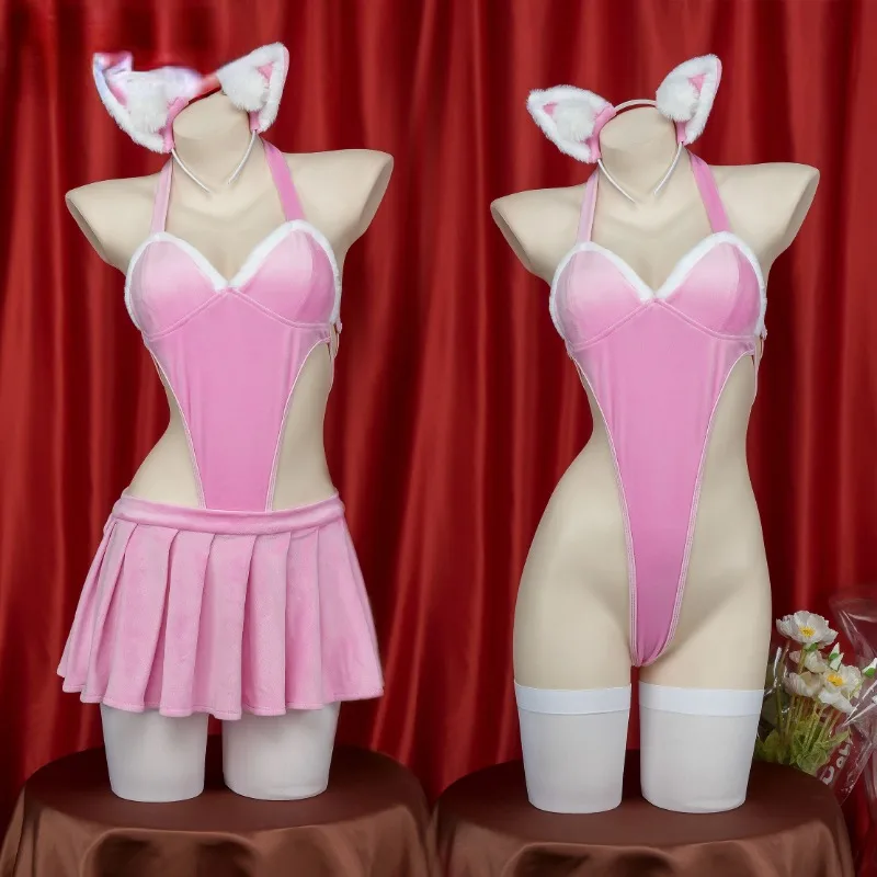 

Lolita Anime Girls Kawaii Animal Cat Cosplay Costume Pink Bandage Halter Bodysuit Sexy Bodycon Backless Jumpsuit Skirts Set Gift