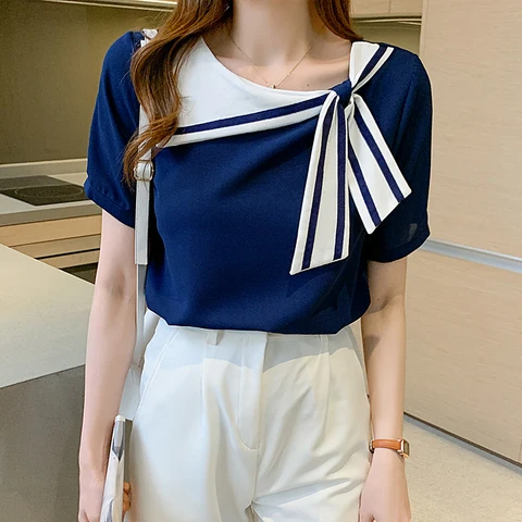 Женская шифоновая блузка с матросским воротником, темно-синяя белая Повседневная Блузка в Корейском стиле для офиса, лето 2021
