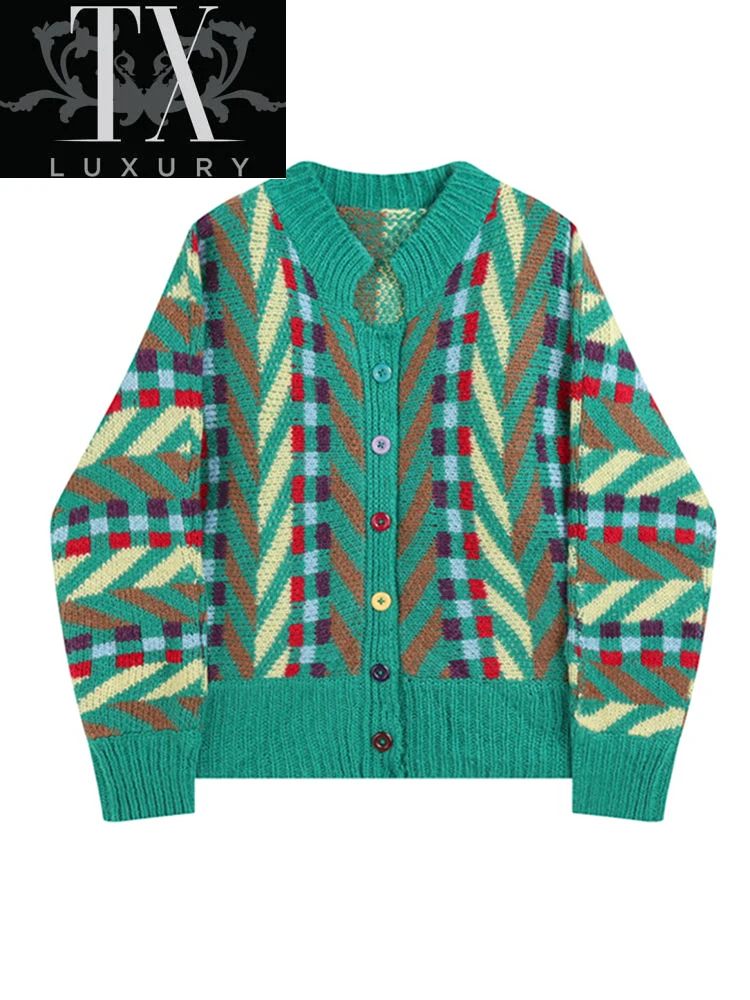 

Women Vintage Knitwear Japanese Contrast Color Graphic Print Knitting Sweater Female Long Sleeve Cardigans Coat Tops Autumn