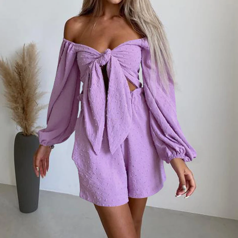 

Casual Long Sleeve Lace-up Blouse and Elastic Waist Shorts Sets Women Elegant Off Shoulder Outfits Fashion Loose Solid 2Pc Suits