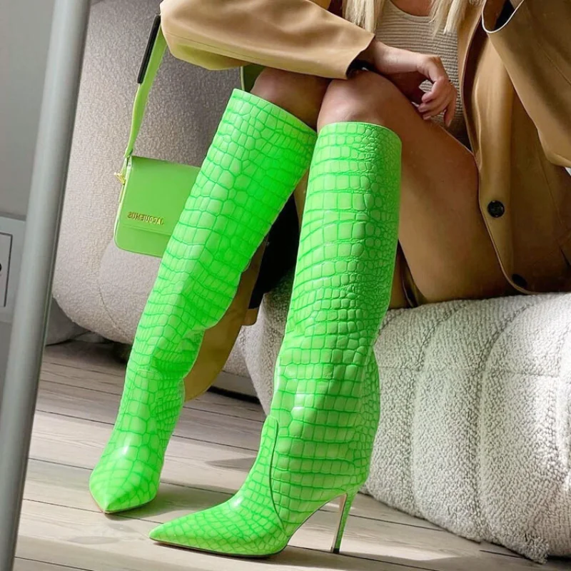 

Women's Sexy Crocodile Knee Length Boots New Autumn and Winter High Heel Pointed Women's Shoes Green Plus Size 43 Botas Mujer