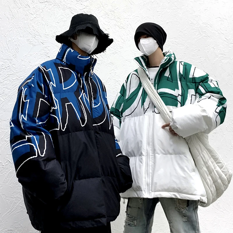 EOENKKY/Men Hip Hop Oversize Padded Bomber Jacket Coat Streetwear Graffiti Jacket Parka Cotton Harajuku Winter Jacket Coat M-3XL