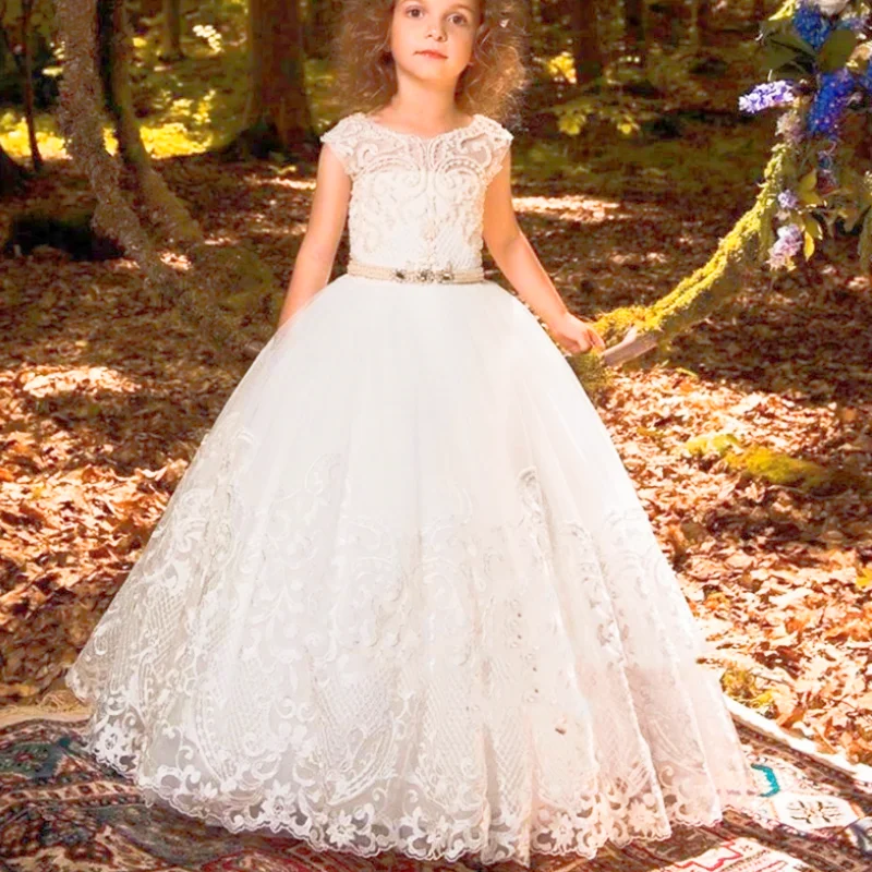 

Ivory Flower Girl Dresses Puffy Lace Pearls First Communion Dresses For Little Girl Sleeveless Pageant Ball Gowns Custom Made