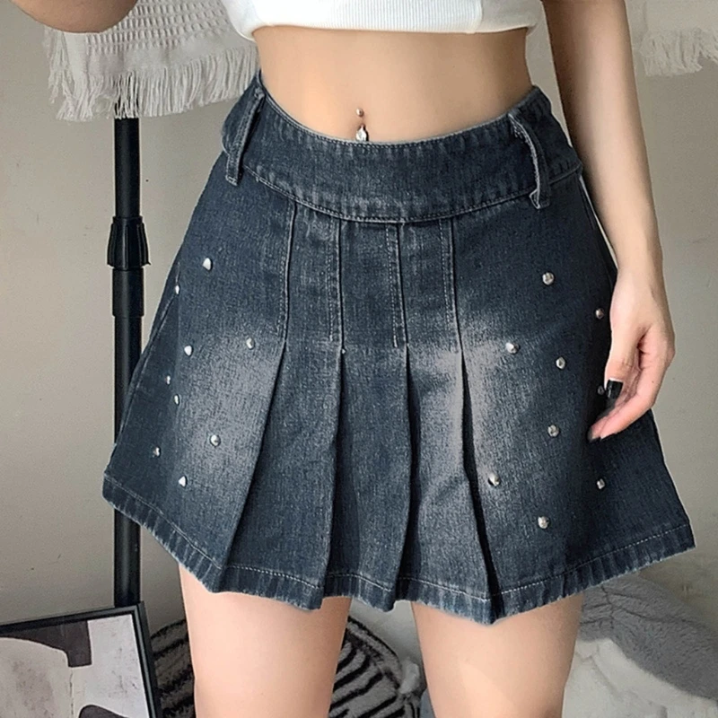 

Юбка-трапеция Женская плиссированная с заклепками и оборками