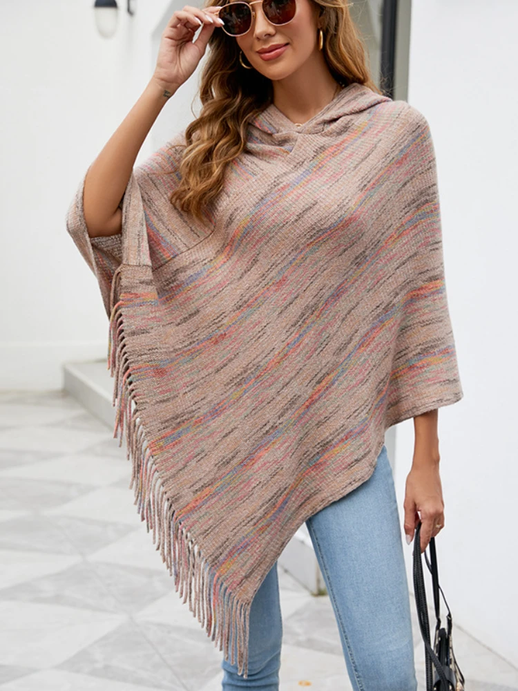 

Hooded Poncho Women Autumn Winter Striped Pullover Sweater TASSEL Cloak Loose Korean Fashion Elegant Oversize Female Shawl Cape
