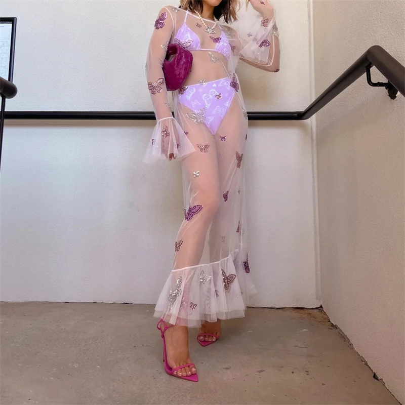 

ICNGLKSND Women Swimwear Bikini Cover-Ups 2022 Sexy Mesh Sheer See Through Long Flare Sleeve Dress Butterfly Summer Beachwear